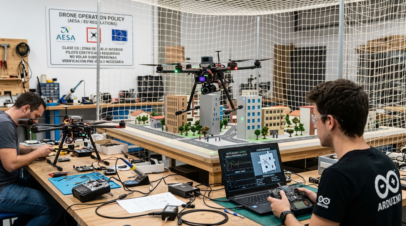 Un ingeniero Maker sintonizando el controlador PID drone y monitoreando la telemetría en un taller interactivo con un dron volando de fondo.