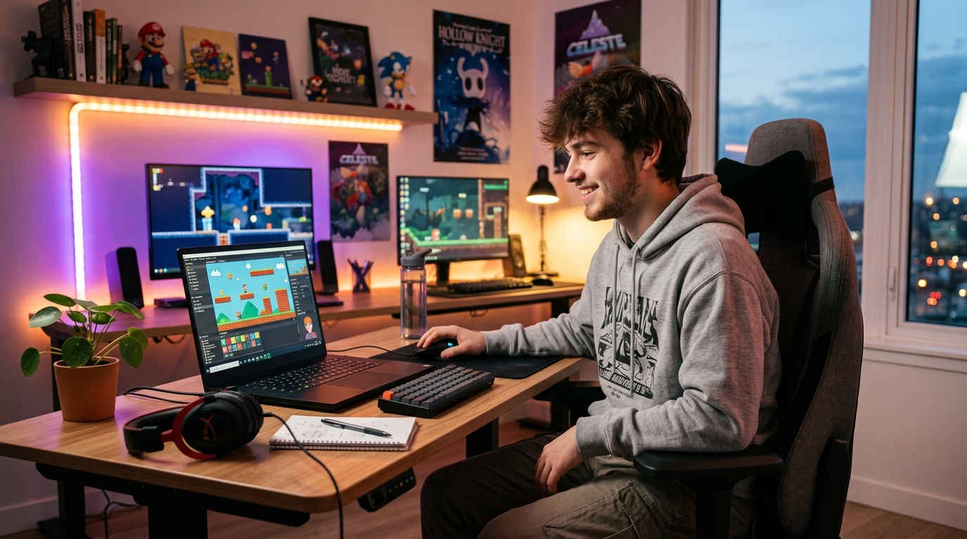 Adolescente frente a un ordenador portátil pasando de jugar a crear videojuegos mediante programación de bloques visuales
