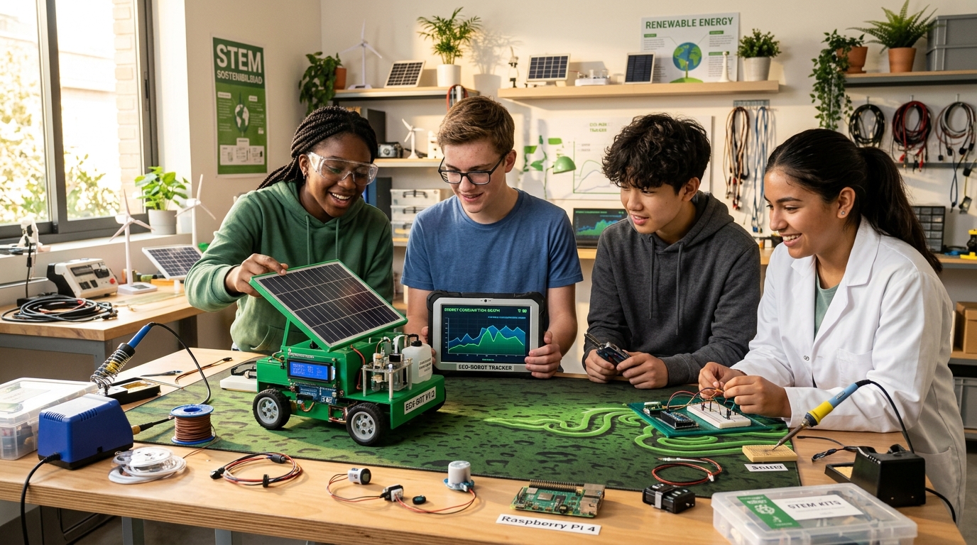 Estudiantes colaborando en un laboratorio de robótica verde en un proyecto de robótica solar educativa y energía limpia.