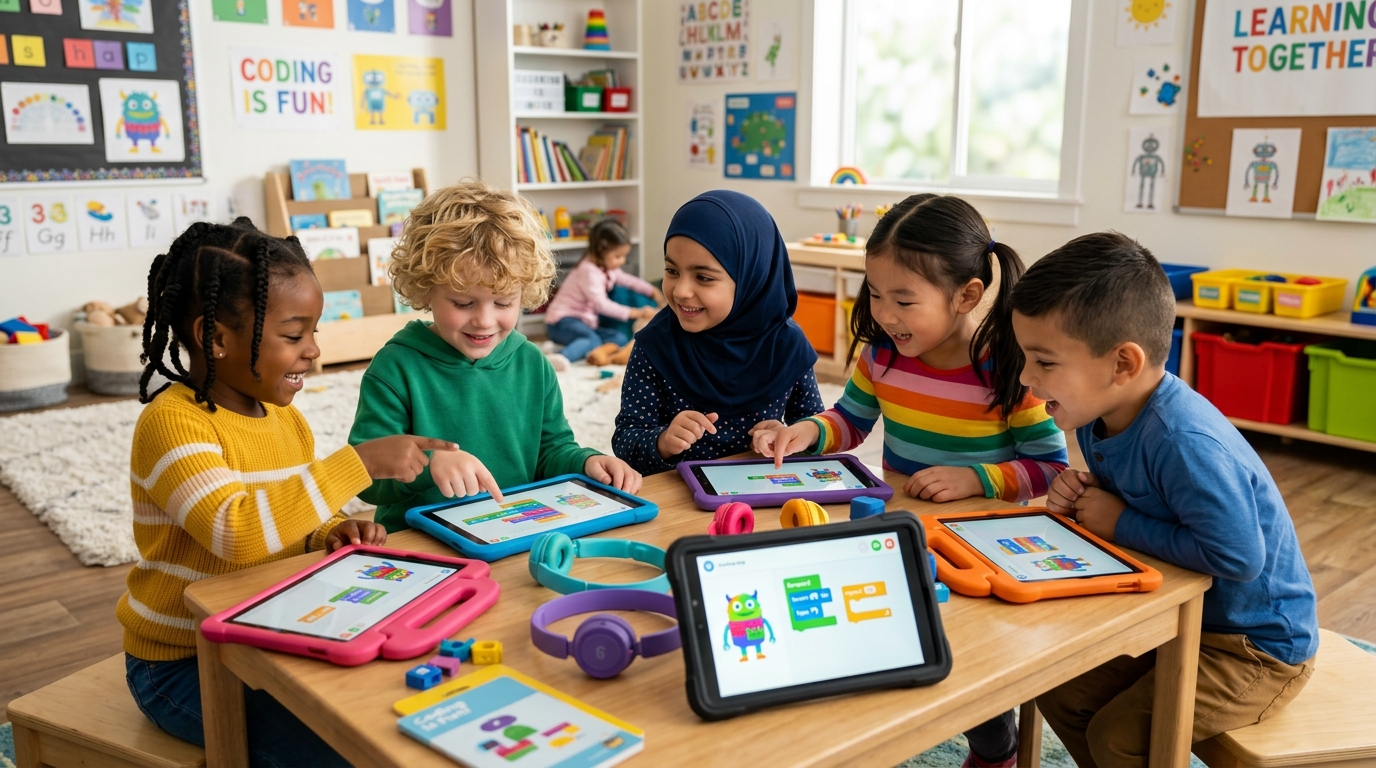 Niños de cuatro años aprendiendo a programar con la aplicación ScratchJr infantil en una tableta en el aula