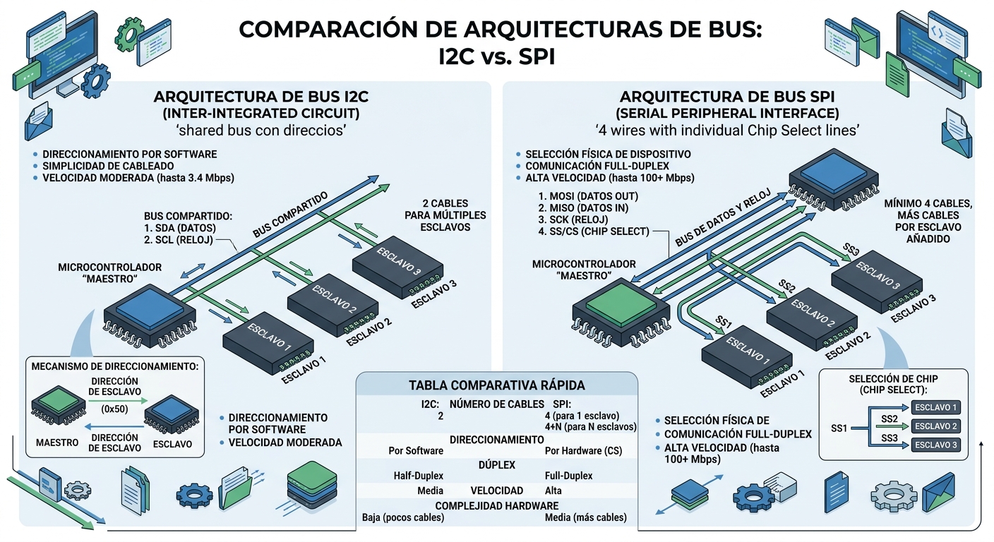 Infografía que compara el pinout y rendimiento del protocolo I2C Arduino frente a la interfaz SPI ESP32