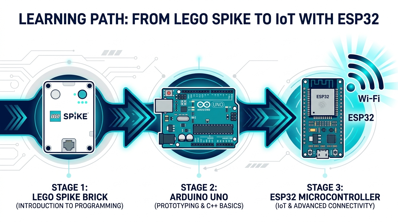 Infografía detallada mostrando el itinerario robotica adolescentes desde el entorno lego hasta la electrónica abierta con esp32 secundaria