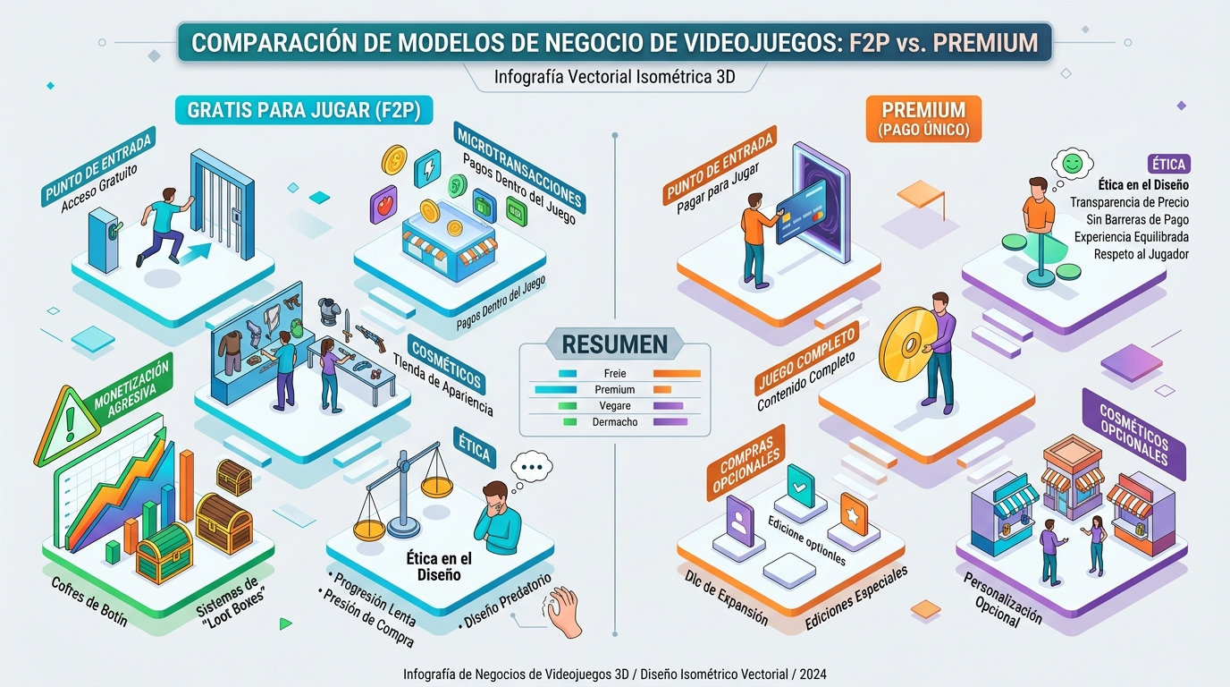 Infografía que compara los modelos negocio videojuegos Free-to-Play, Premium y la ética en microtransacciones