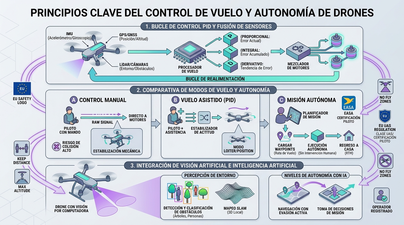 Infografía que detalla el diagrama de bloques de un controlador PID drone, la integración de sensores y los niveles de vuelo autónomo.
