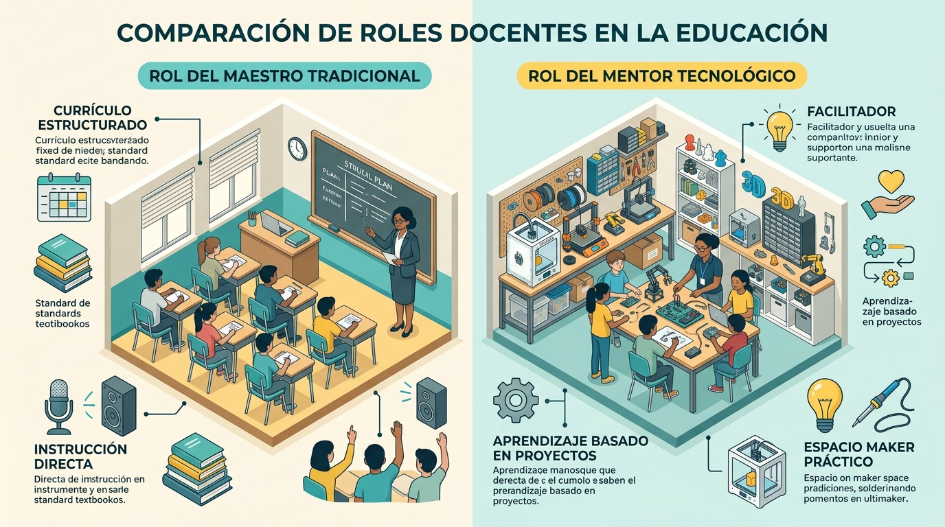 Infografía comparativa entre las funciones del profesor tradicional y la mentoría STEM en un espacio maker aprendizaje
