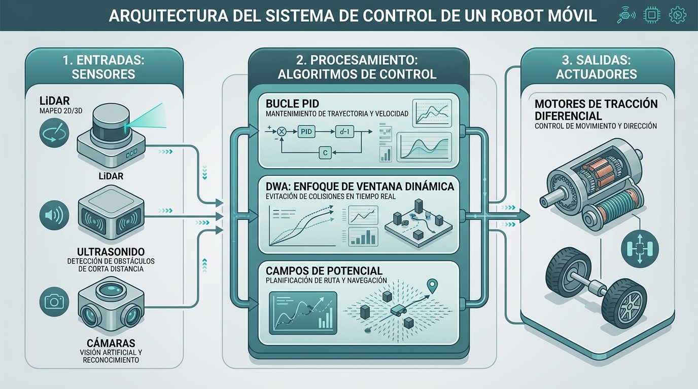 Infografía que resume el flujo de percepción y toma de decisiones en controladores robótica móvil.