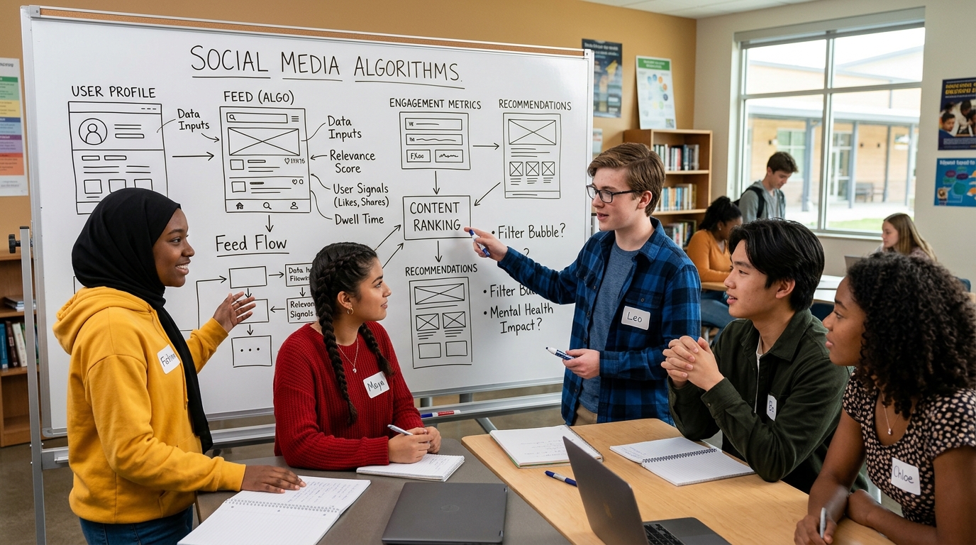 Jóvenes estudiantes analizando el funcionamiento de plataformas digitales en una clase sobre sesgo algorítmico y educación