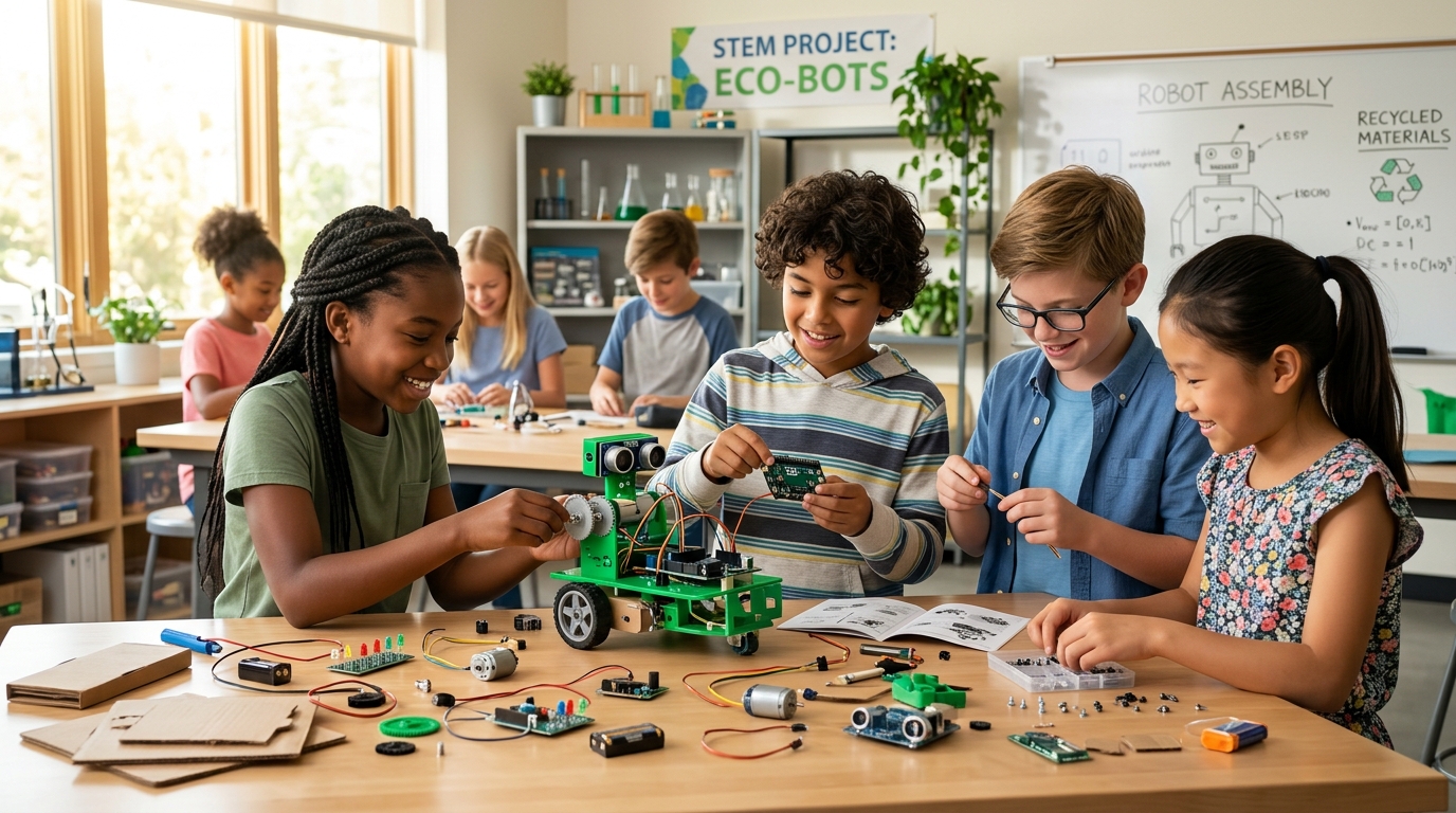 Estudiantes trabajando en un taller de ecodiseno stem creando robots a partir de componentes y chatarra electrónica