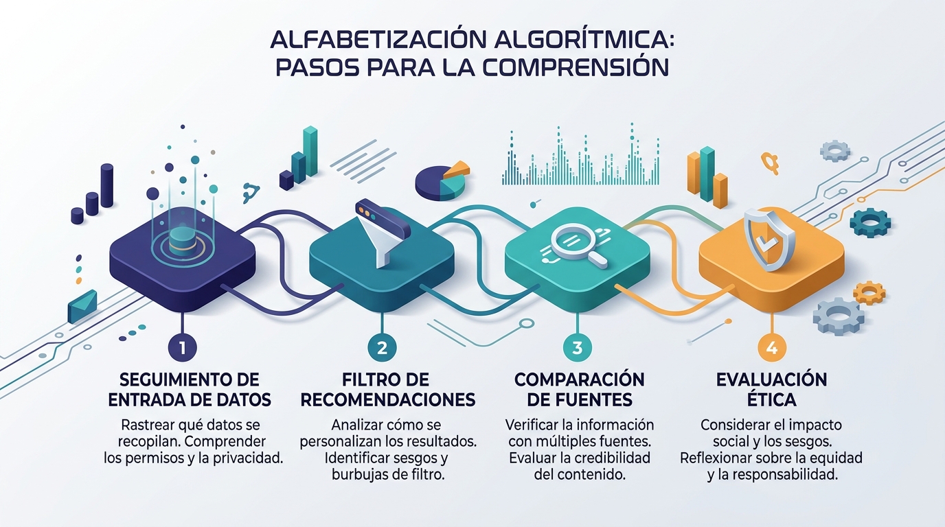 Infografía que resume los pilares para trabajar el sesgo algorítmico y educación en el pensamiento crítico digital