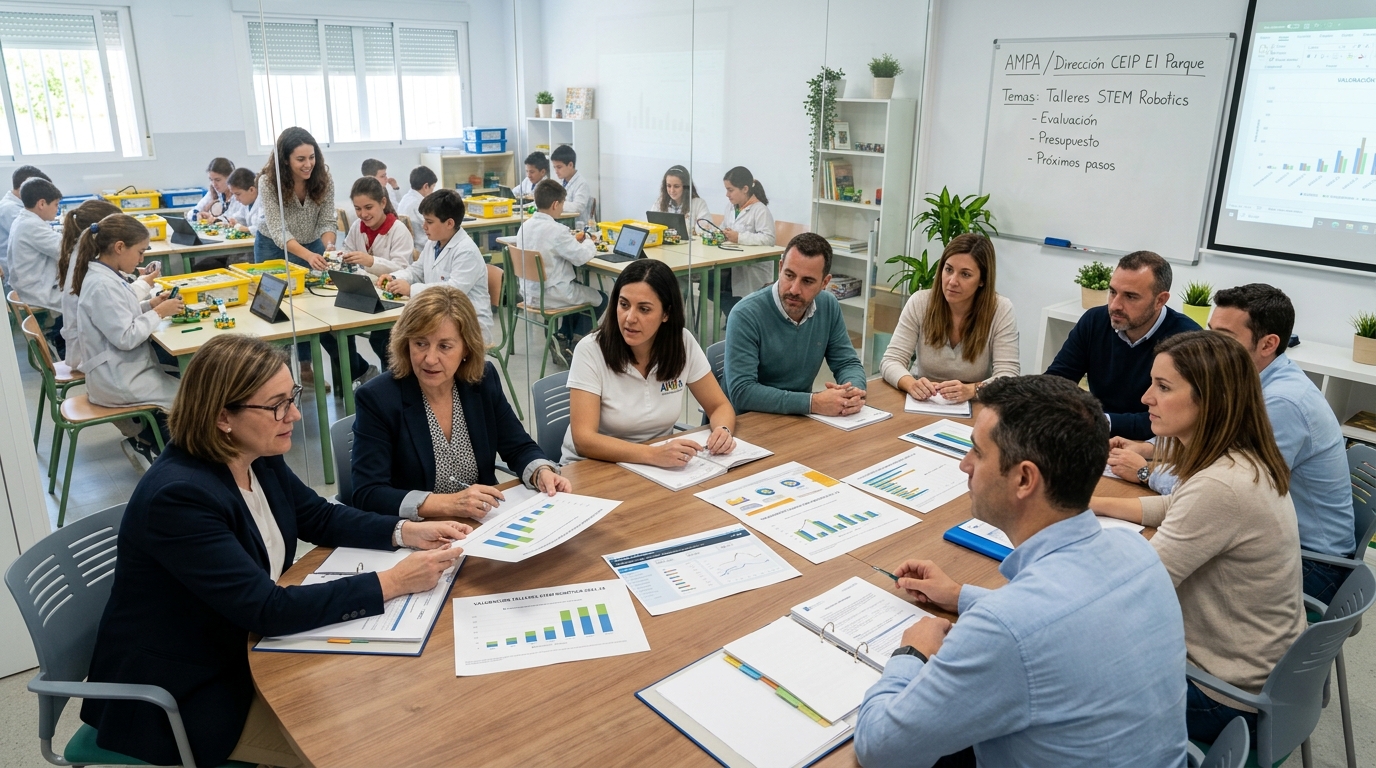 Representantes de una AMPA y equipo directivo analizando informes y métricas para la evaluación talleres AMPA e indicadores de impacto STEM.