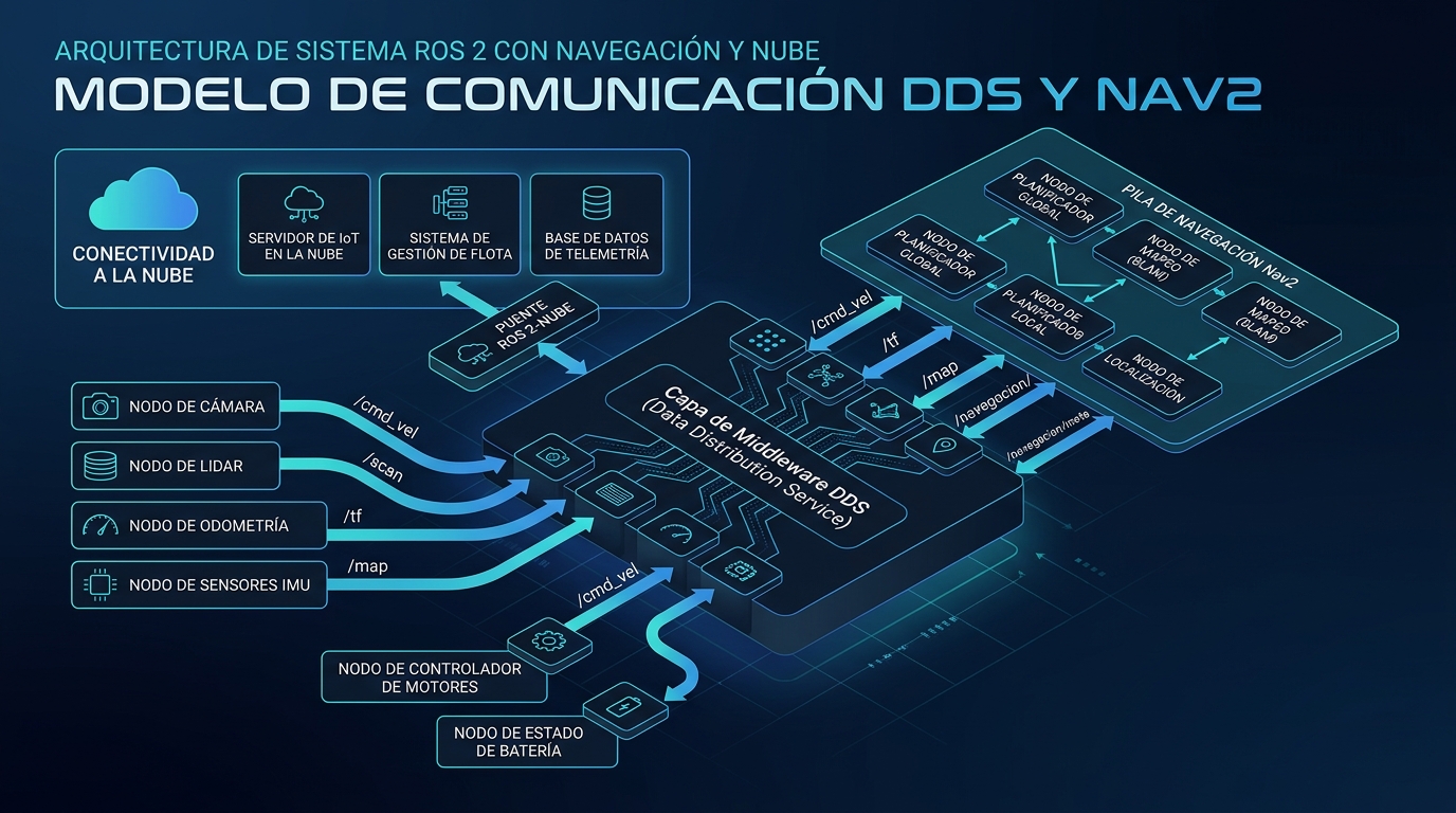 Diagrama de arquitectura de navegacion robotica ros y modulo Nav2 para robots autonomos