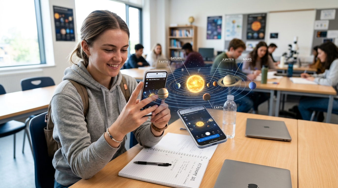 Estudiante escaneando un código QR para desplegar un objeto 3D con WebAR para principiantes