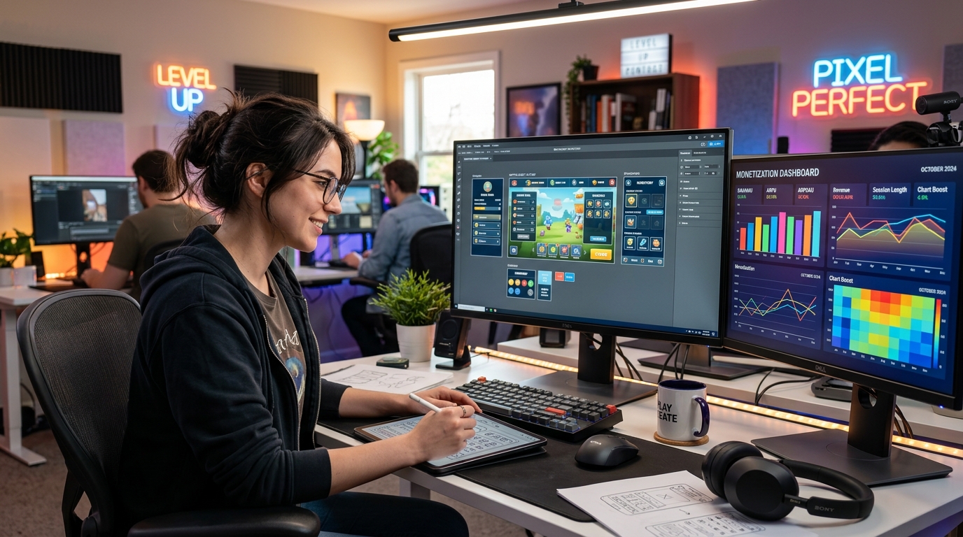 Diseñador analizando métricas de monetización y modelos negocio videojuegos en un estudio digital