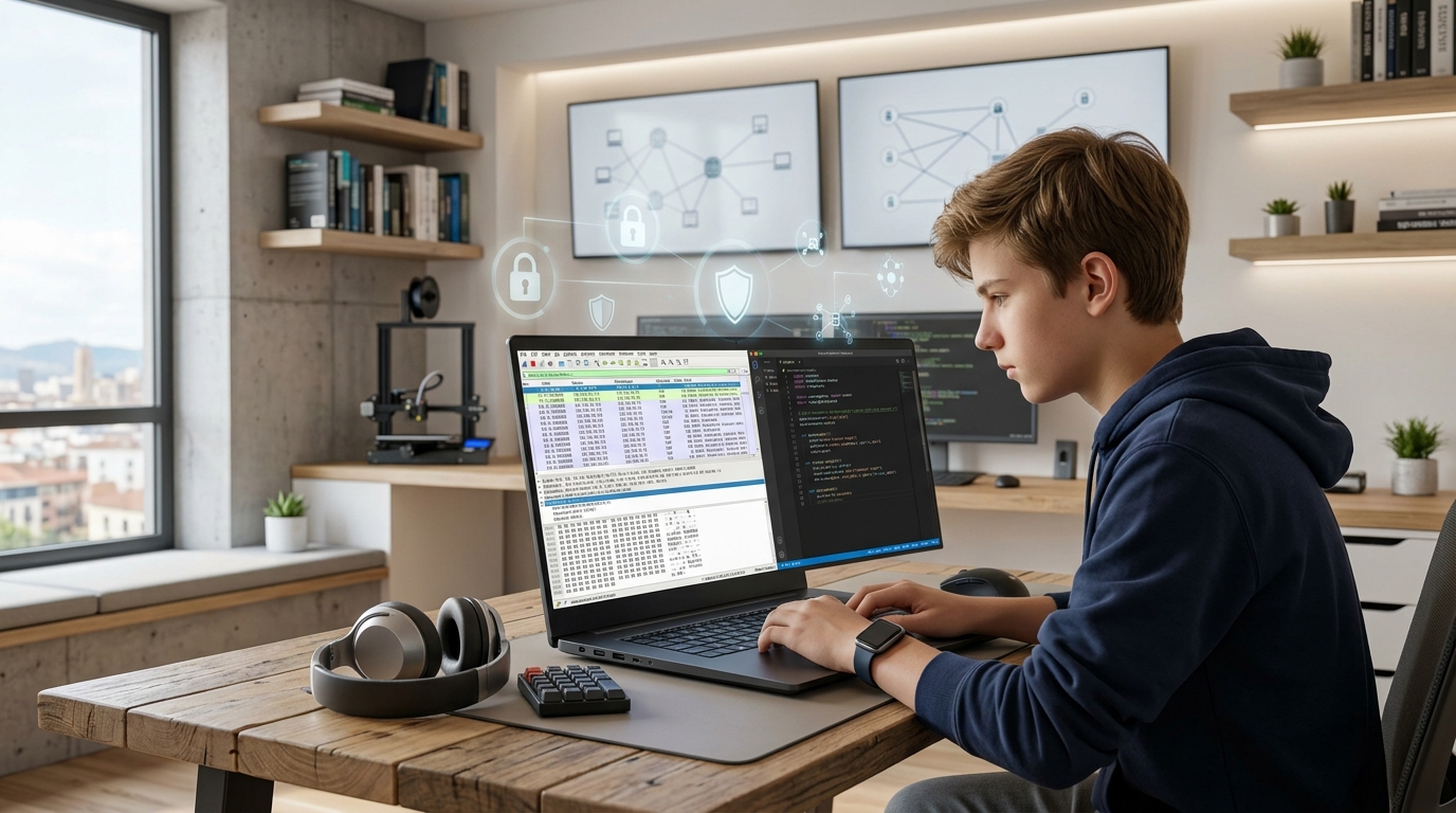 Estudiante analizando líneas de código y auditorías de red en un taller sobre hacking ético principiantes