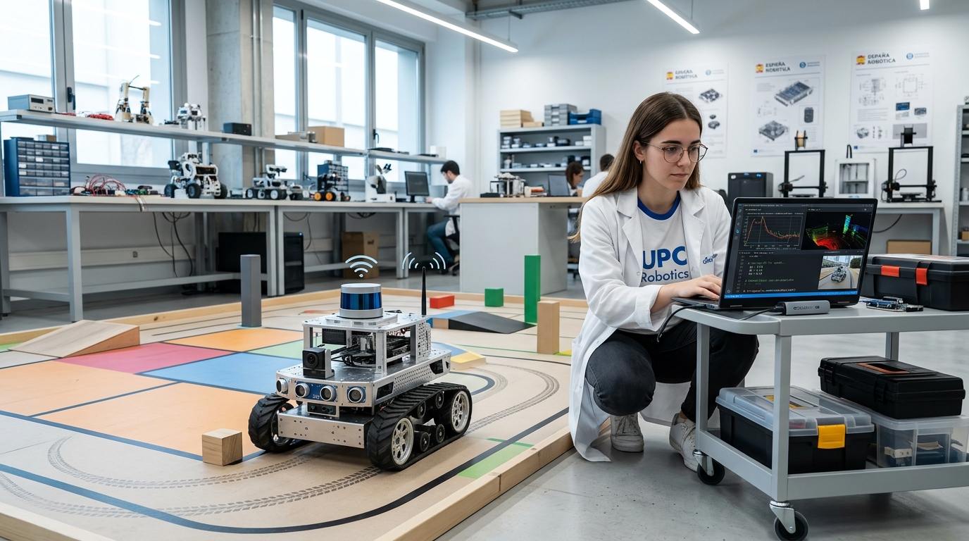 Un ingeniero probando controladores robótica móvil en un chasis autónomo equipado con sensores y sistema de navegación.