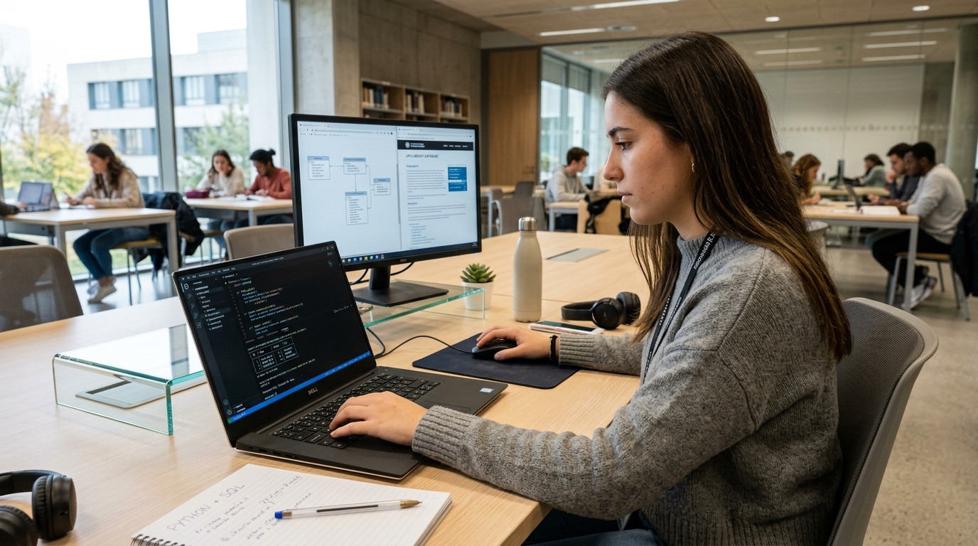 Joven programador consultando una base de datos con SQL para principiantes en un entorno Python