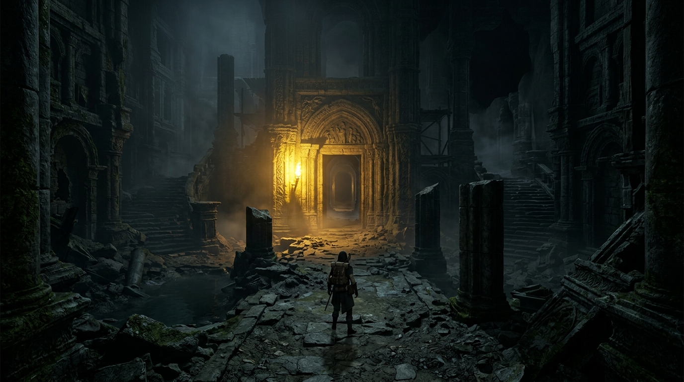 Escenario 3D enfocado en el diseño de niveles de videojuegos con contraste de iluminación para guiar al jugador