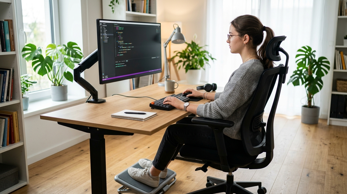 Un joven programador en una estación de trabajo ajustada ergonómicamente manteniendo la postura correcta frente a la pantalla.