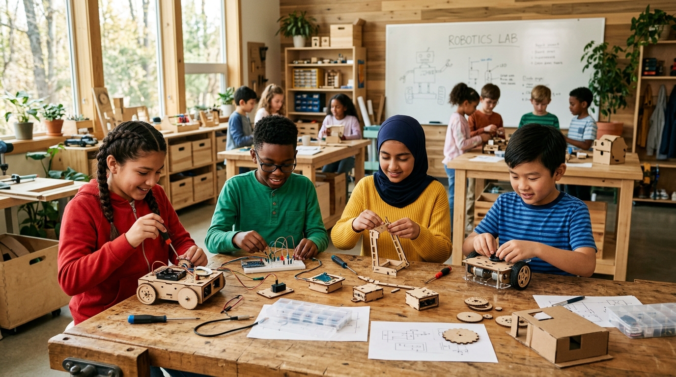 Estudiantes colaborando en un espacio maker de robótica tangible promoviendo la salud digital y neuroeducacion