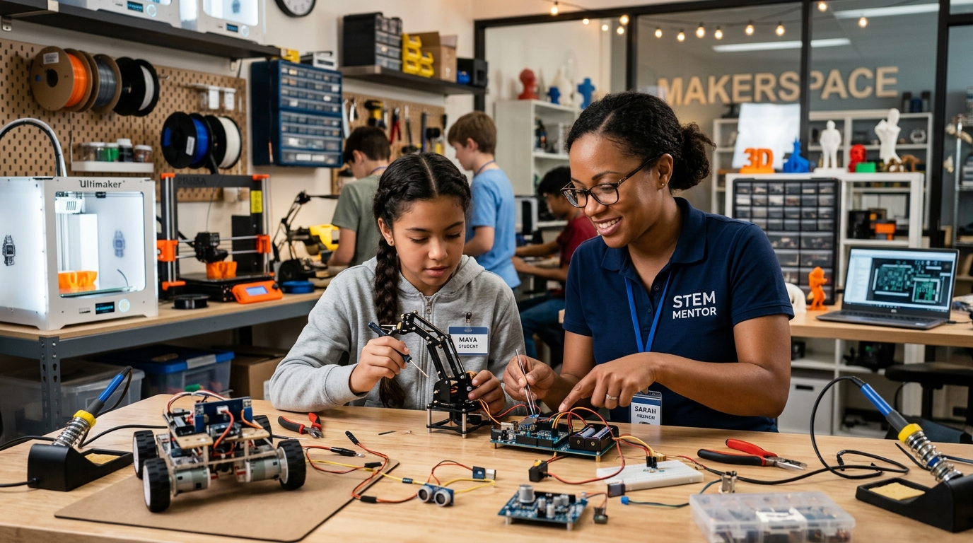Mentor colaborando con estudiantes en un espacio maker aprendizaje rodeado de herramientas de robótica y prototipado