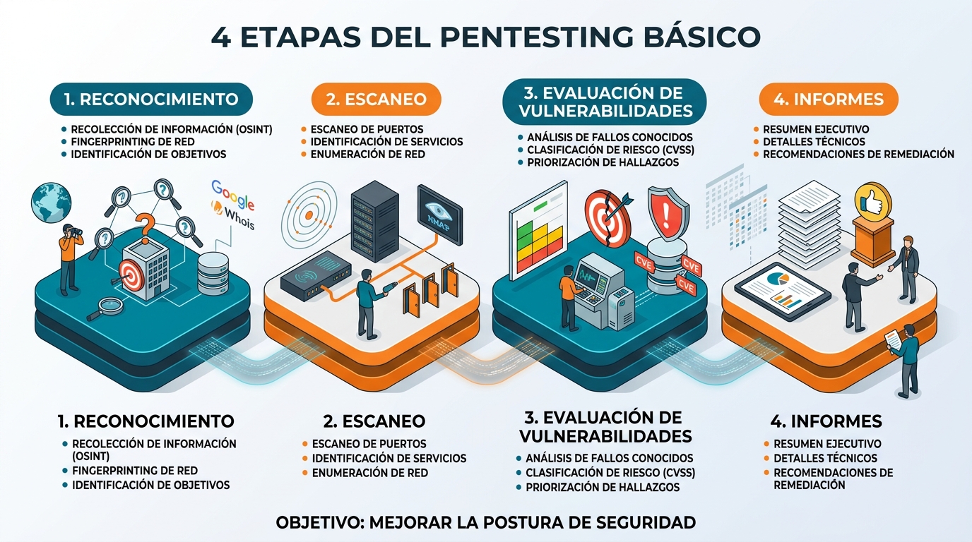 Infografía que resume el ciclo de vida de un pentesting básico dentro del hacking ético principiantes