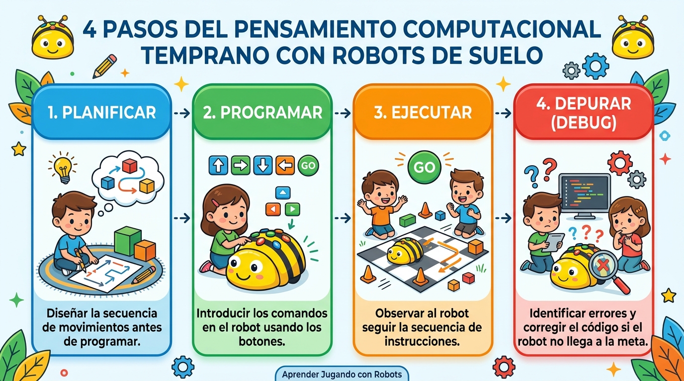 Infografía educativa que ilustra las 4 etapas del pensamiento computacional 0 a 6 usando el beebot infantil 3 a 6 años: Planificación, Programación, Ejecución y Depuración