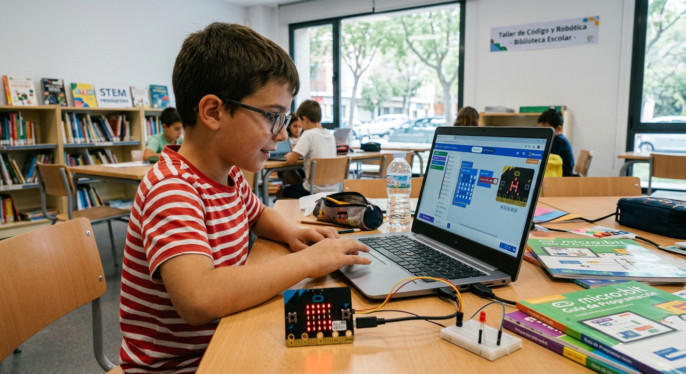 Un niño programando una tarjeta micro:bit