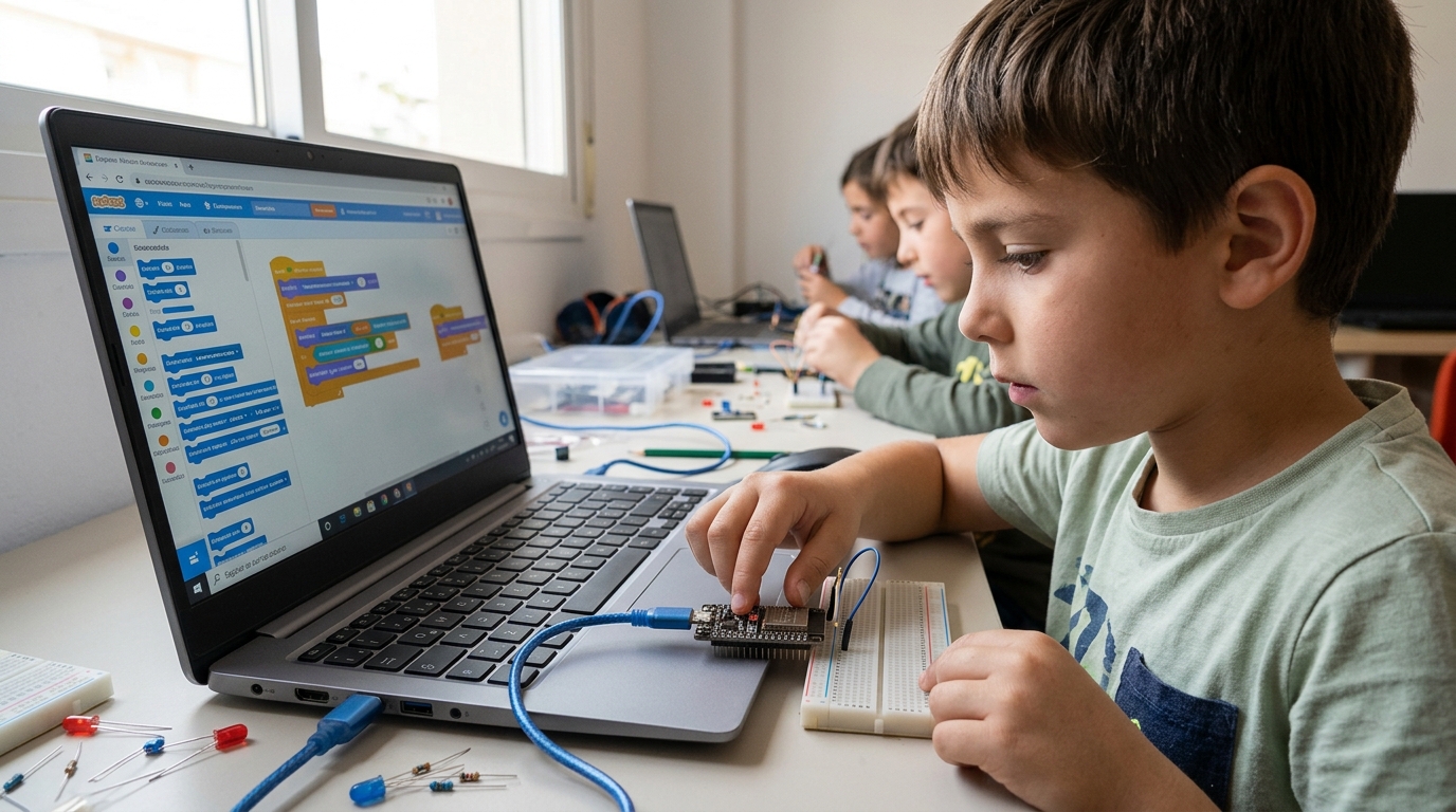 Un niño programando un ESP32.