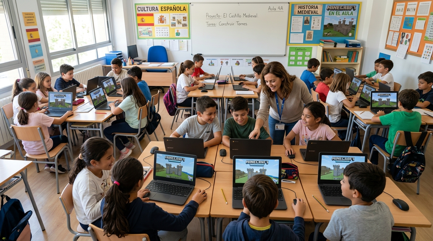 Grupo de estudiantes de primaria en un aula del colegio usando portátiles con Minecraft Education en España proyectado en la pantalla principal