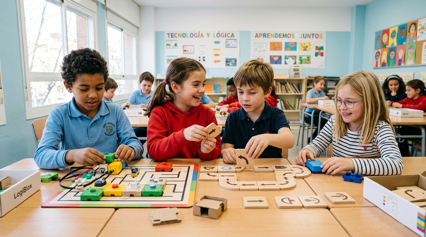 Estudiantes en un aula escolar colaborando en equipo con kits de robótica educativa tangible y fichas físicas sin utilizar pantallas ni teléfonos móviles