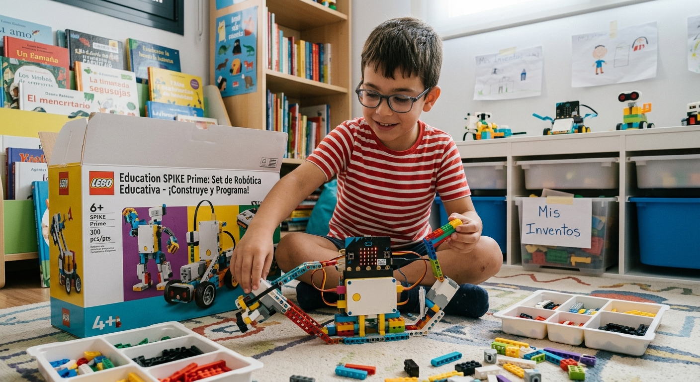 Un niño programando un robots construido con lego spike.