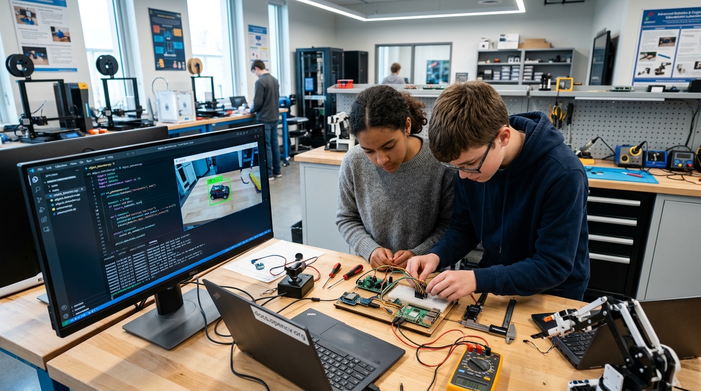 Estudiante de altas capacidades en un laboratorio STEM ajustando una cámara de visión artificial conectada a un proyecto de programación avanzada