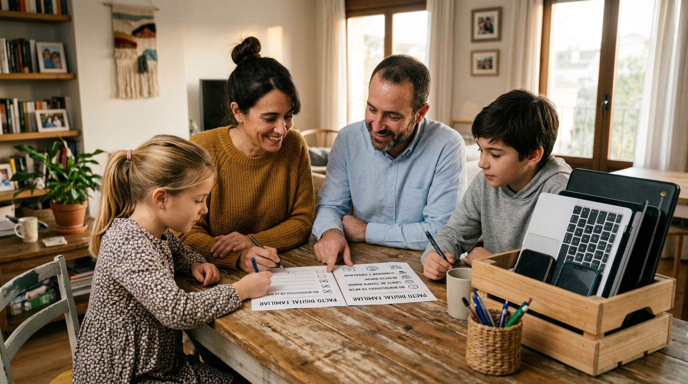 Padres e hijos reunidos en la mesa del salón negociando y firmando un pacto digital familiar con un cuaderno y dispositivos apagados