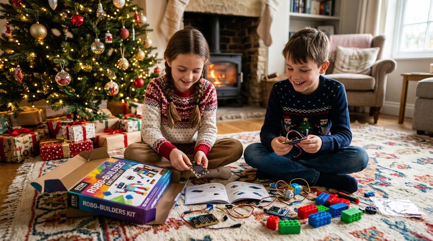 Dos niños entusiasmados en un espacio familiar abriendo una caja de regalo con un kit de robótica interactiva y piezas de construcción