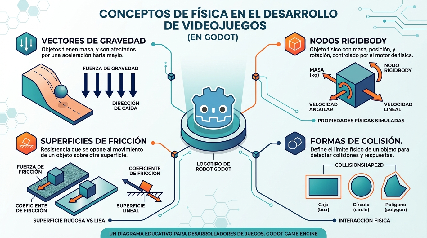 Infografía educativa que explica cómo aprender fisica con videojuegos aplicando vectores, masa, gravedad y colisiones en Godot Engine